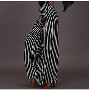 White black striped wide legs swing long length high waist fashion women's female competition performance professional latin ballroom dance pants trousers for ladies